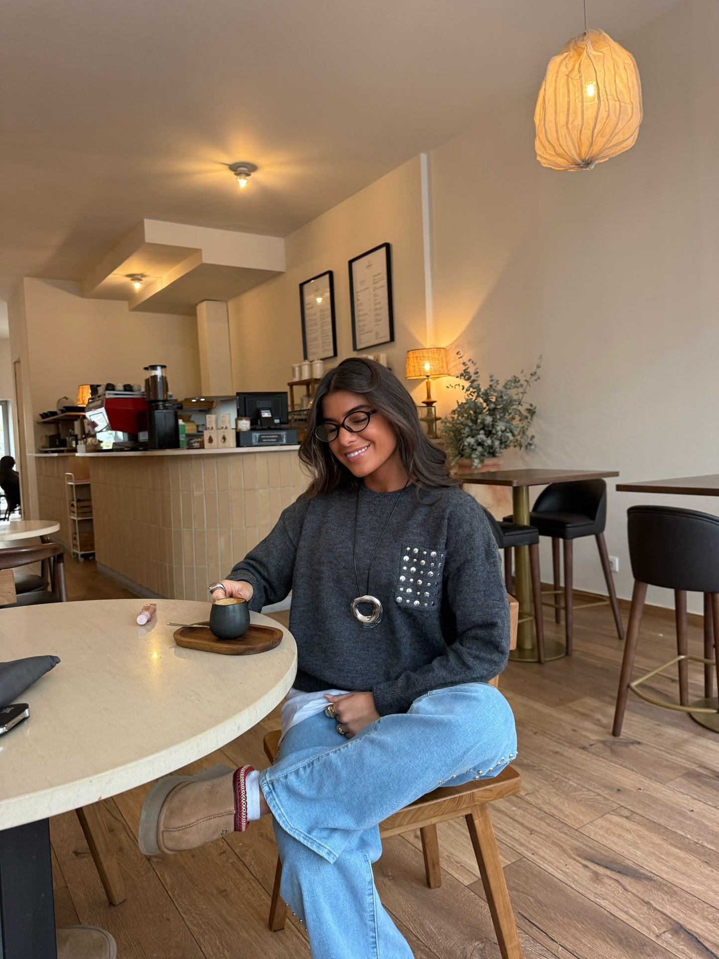 Dark Grey Stud-Detail Knit Sweater