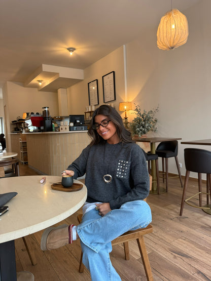 Dark Grey Stud-Detail Knit Sweater
