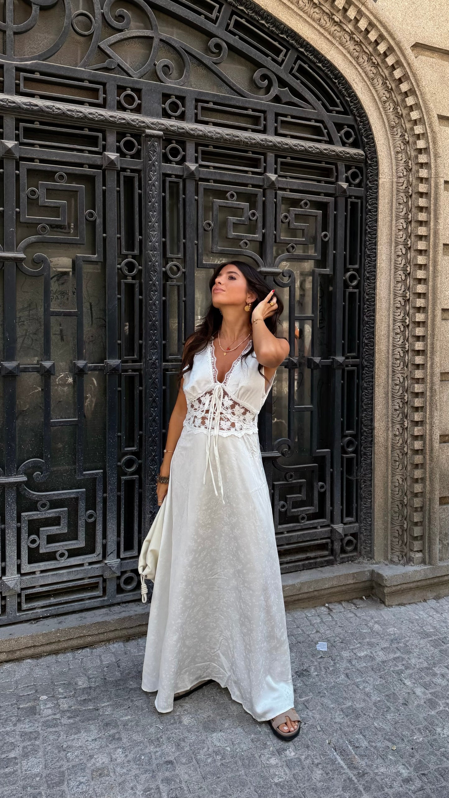 White Satin Lace Maxi Dress