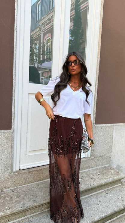 Espresso Glow Sequin Maxi Skirt