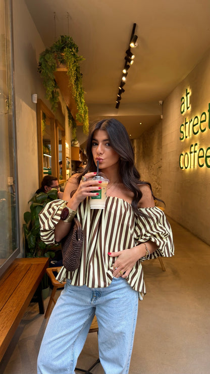 Honey & Mocha Striped Off-Shoulder Top
