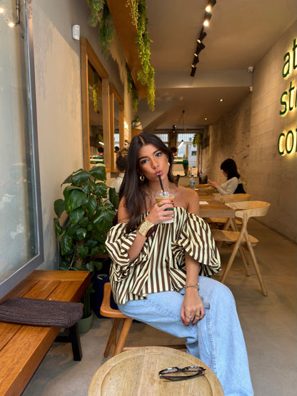 Honey & Mocha Striped Off-Shoulder Top
