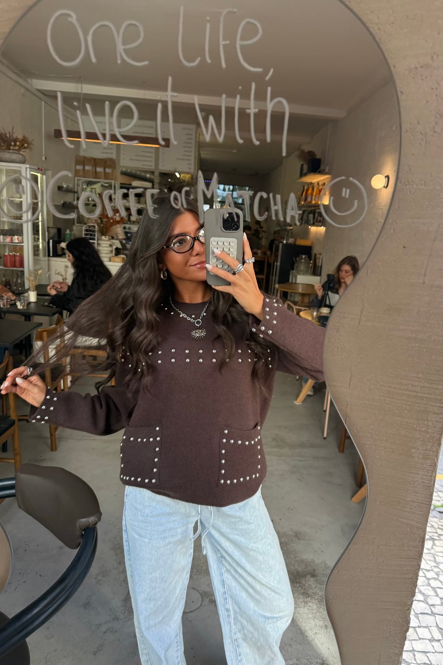 Chocolate Studded Knit Sweater