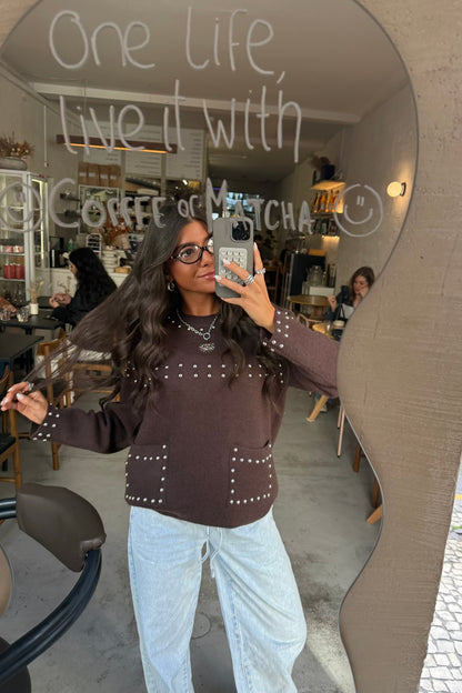Chocolate Studded Knit Sweater