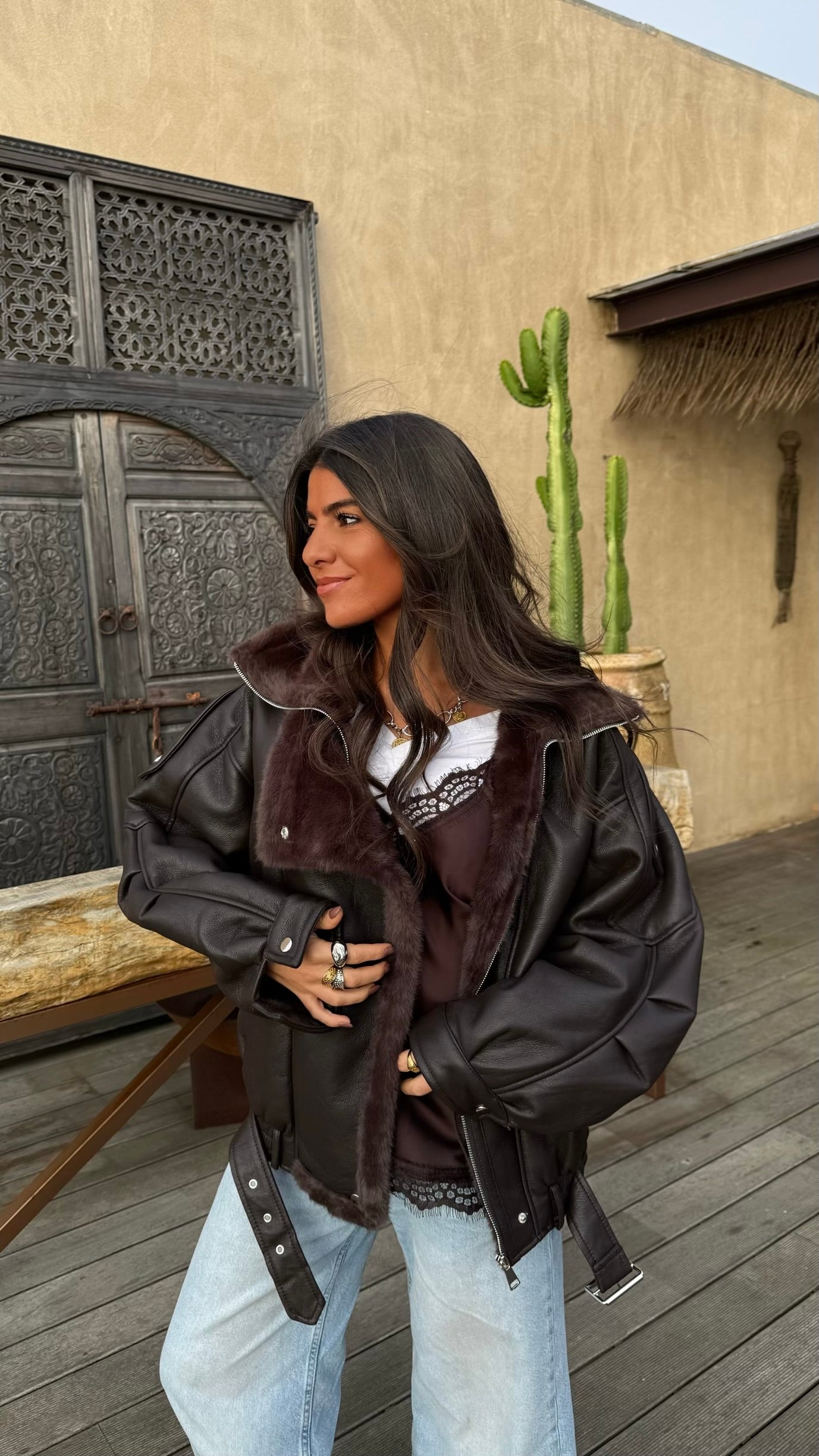 Chocolate Faux Fur Lined Aviator Jacket