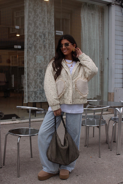 Floral Quilted Jacket with Fur Effect Pockets