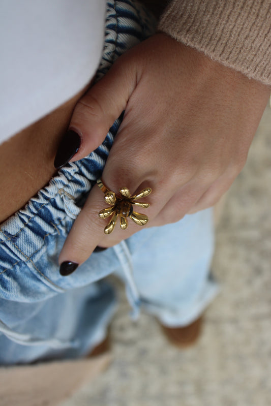 Flower Ring with Brown Stone