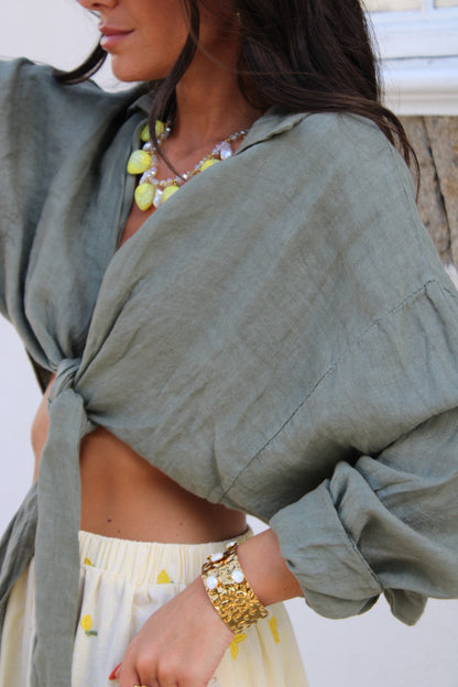 Khaki Linen Cropped Shirt