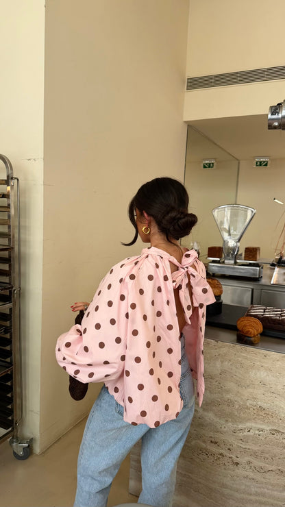 Pink Polka Dot Bow Back Blouse