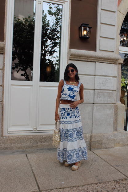 Skirt and Top Set with Electric Blue Embroidery