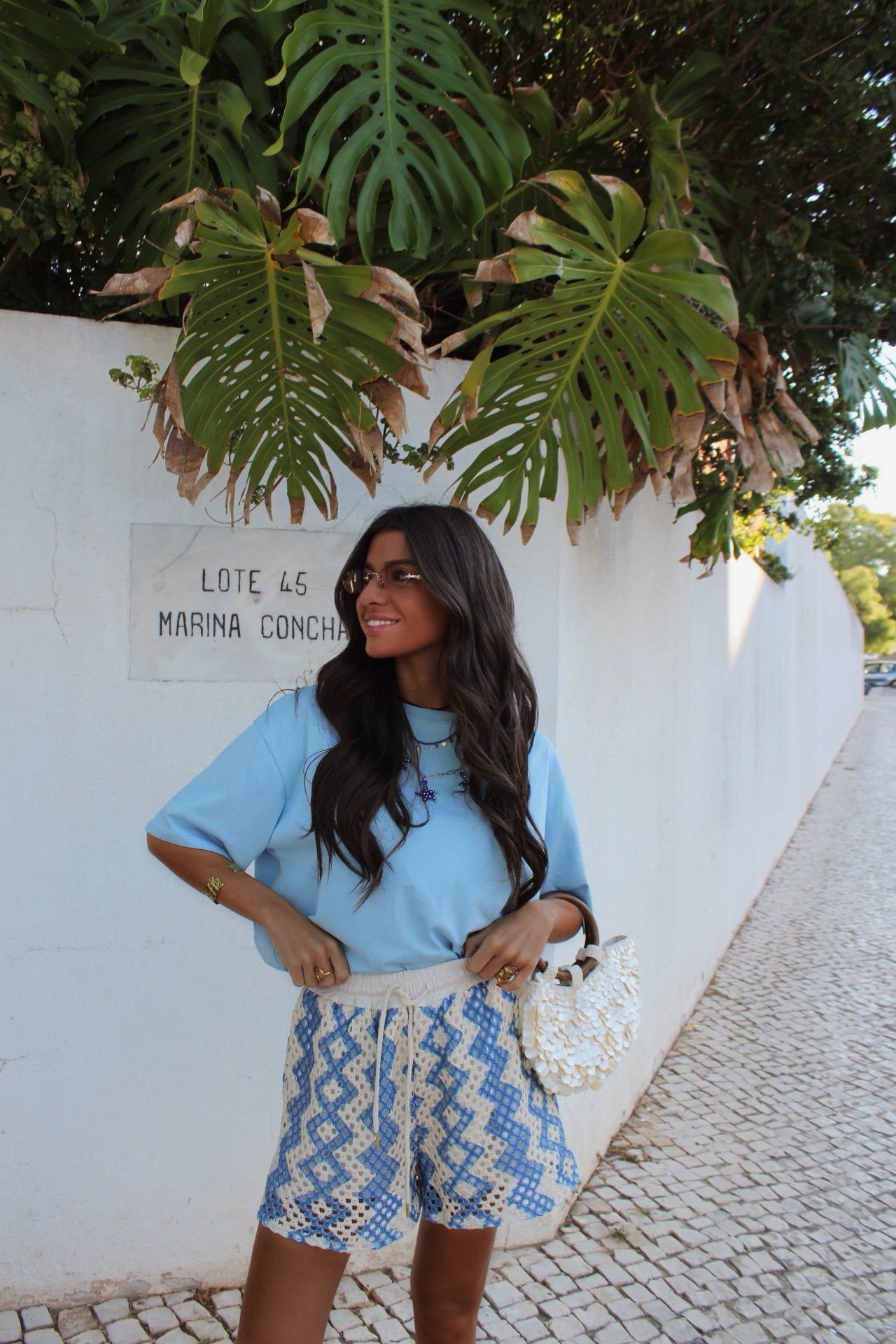 White & Blue Crochet Shorts