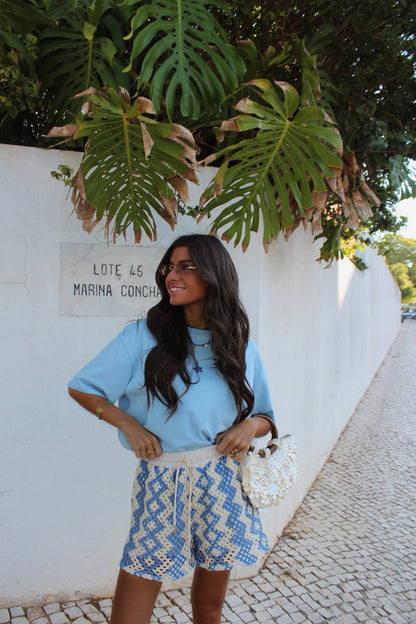 White & Blue Crochet Shorts