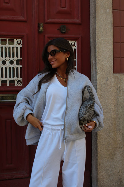 Love Back Bomber Jacket in Grey & Beige