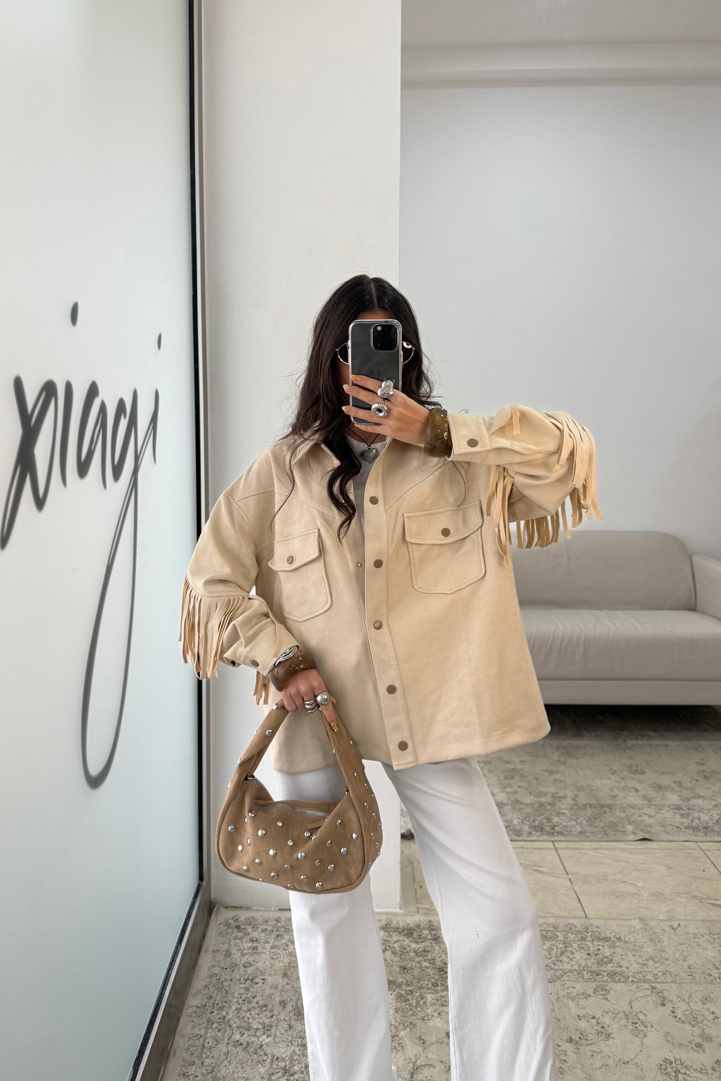 Fringed Suede-Effect Jacket in Off-White