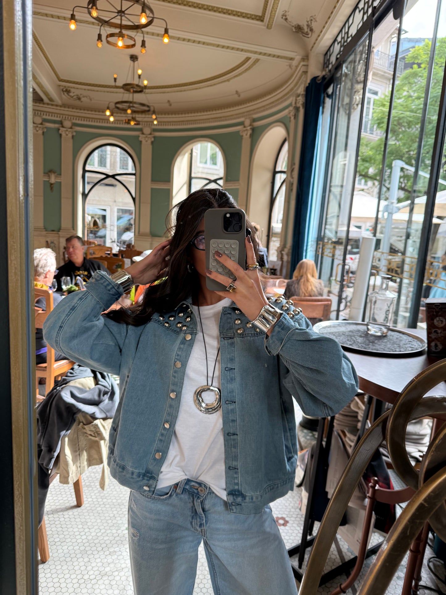 Soft Blue Denim Jacket with Bold Studs