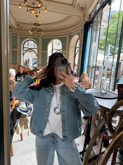 Soft Blue Denim Jacket with Bold Studs