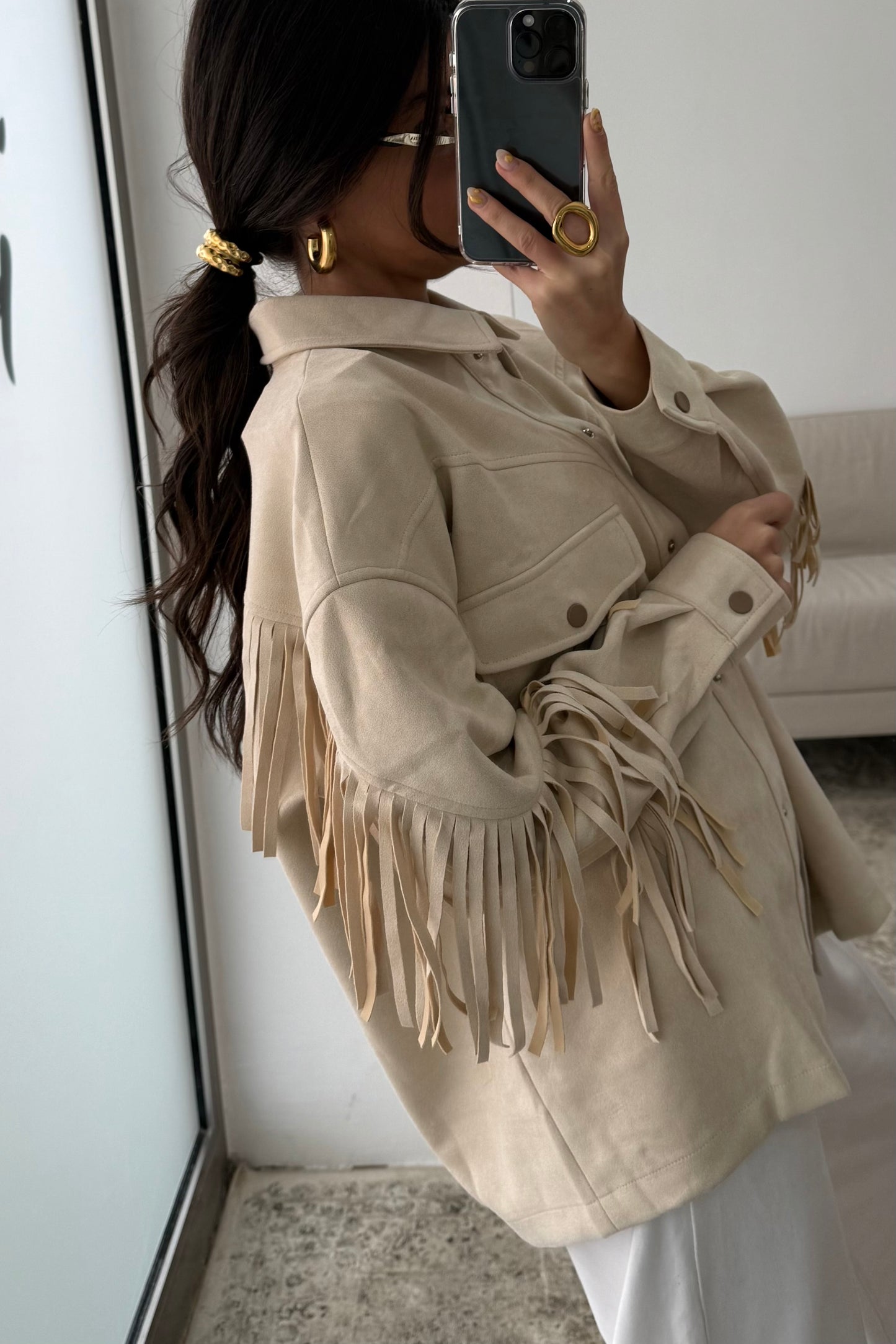 Fringed Suede-Effect Jacket in Off-White