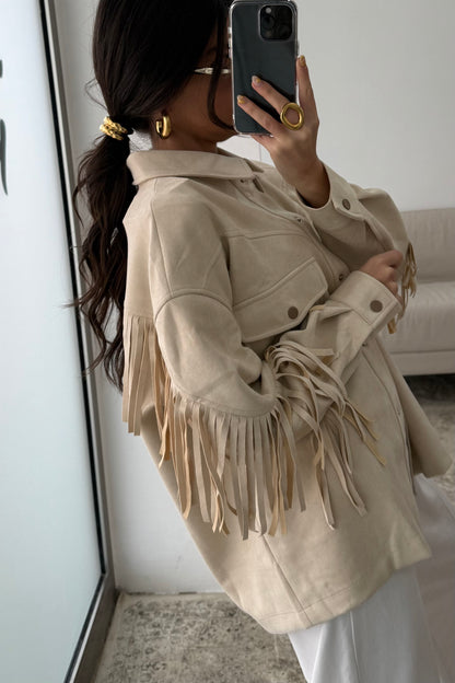 Fringed Suede-Effect Jacket in Off-White