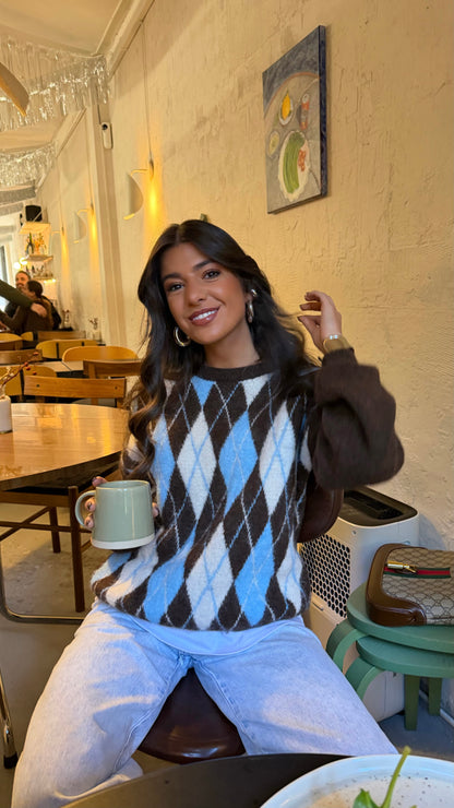 Brown & Sky Blue Argyle Knit Sweater