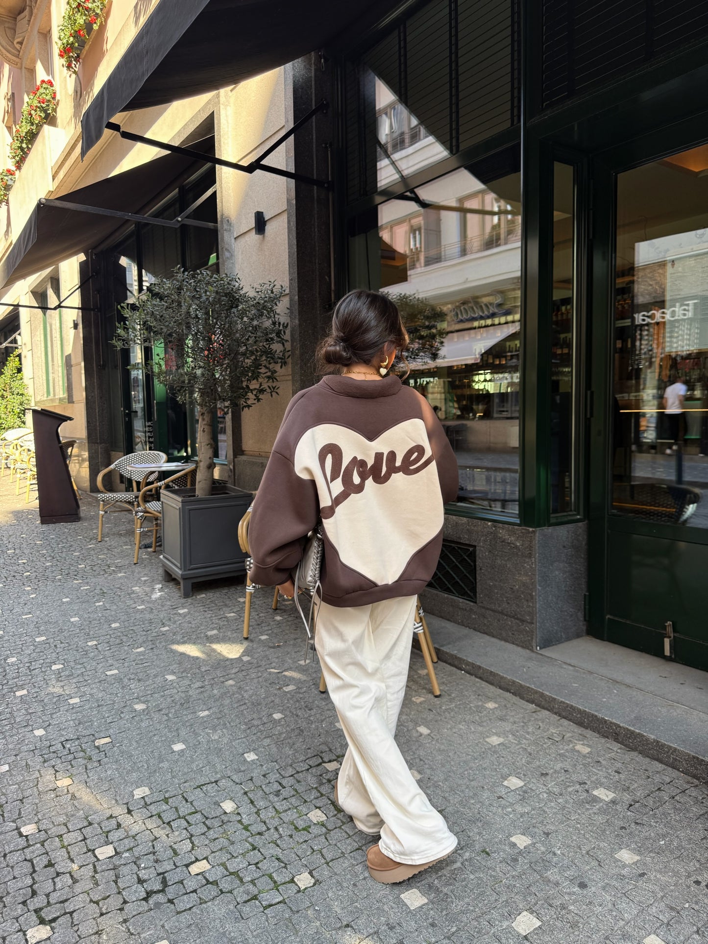 Love Back Bomber Jacket in Brown & Off-White
