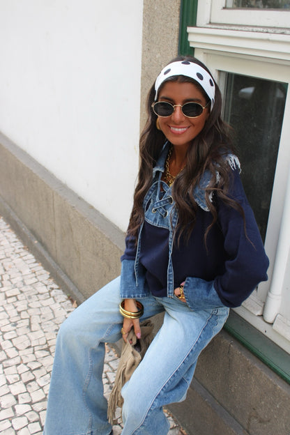 Lace-Up Knit & Denim Contrast Sweater in Navy