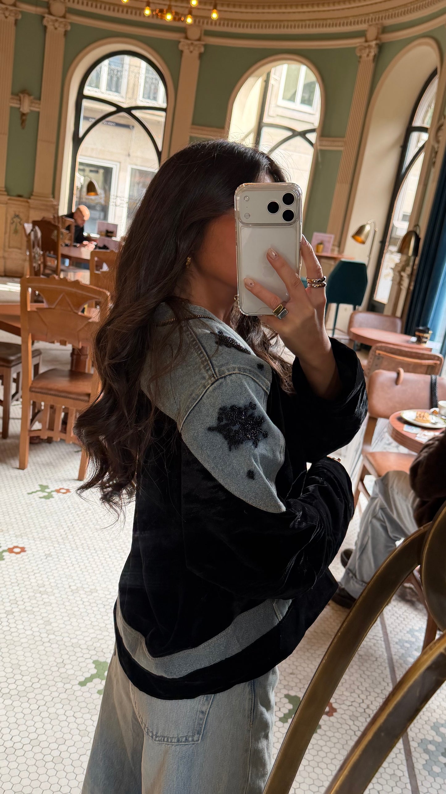 Black Velvet Jacket with Embroidered Denim Accents