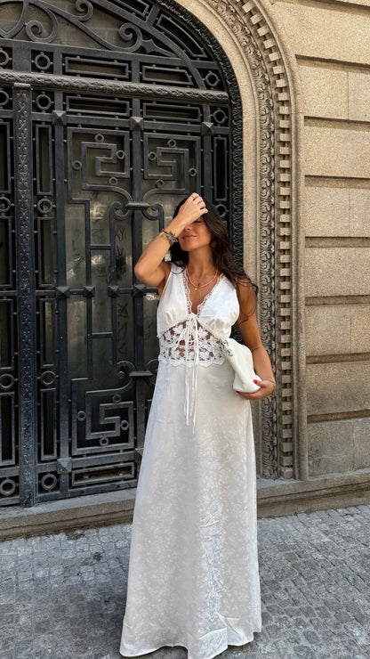 White Satin Lace Maxi Dress