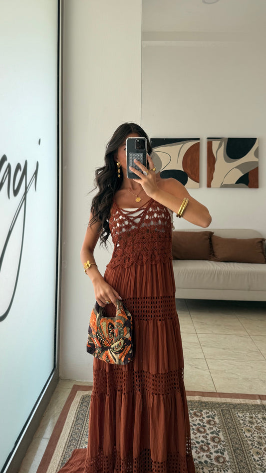 Crochet Trim Maxi Dress in Terracotta