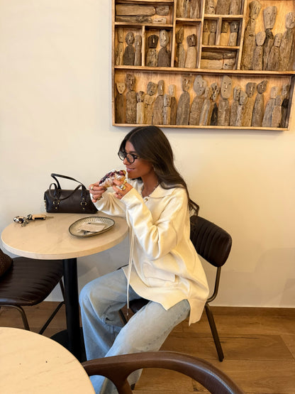 Ecru Knit Hoodie with Lace-Up Detail