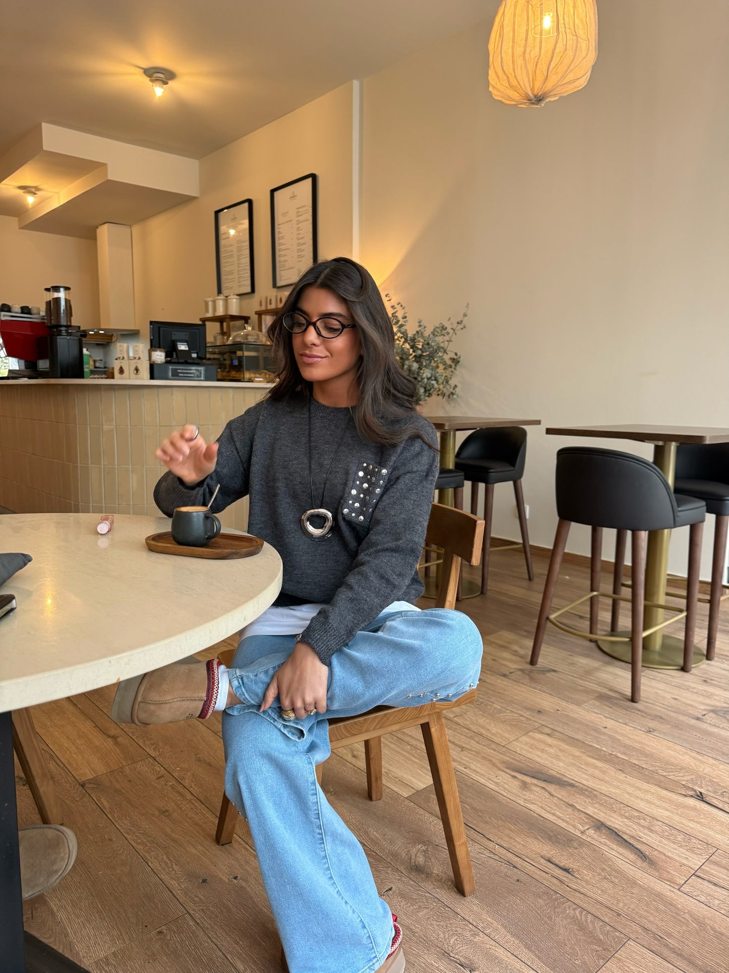 Dark Grey Stud-Detail Knit Sweater