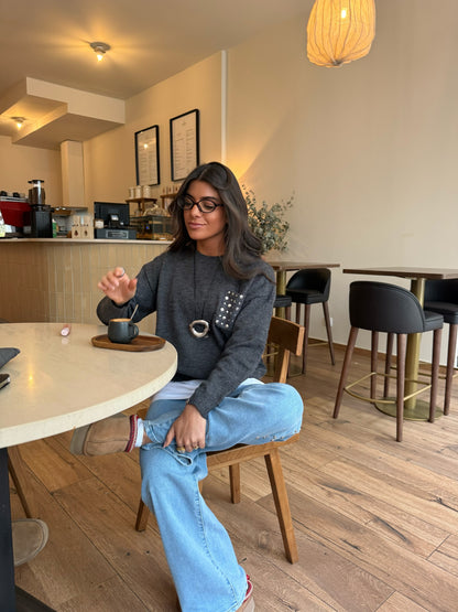 Dark Grey Stud-Detail Knit Sweater