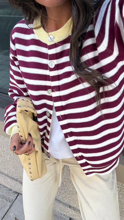 Striped Cardigan in Burgundy w/ Butter Yellow Accents | Pre-order (shipping on October 8)