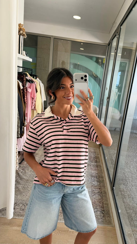 Blush Pink & Chocolate Striped Tee