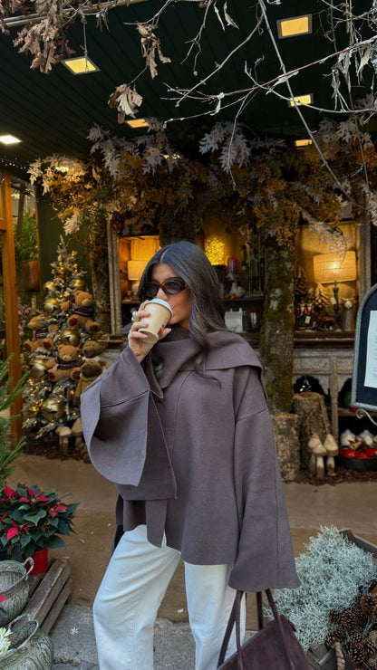 Scarf-Integrated Soft Knit Coat