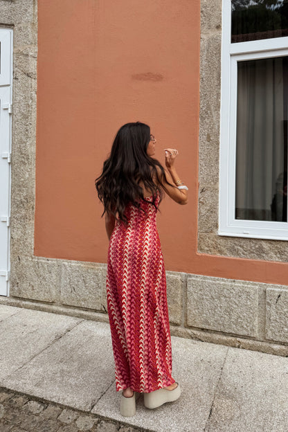 Maxi Crochet Dress in Vibrant Shades of Red and Pink