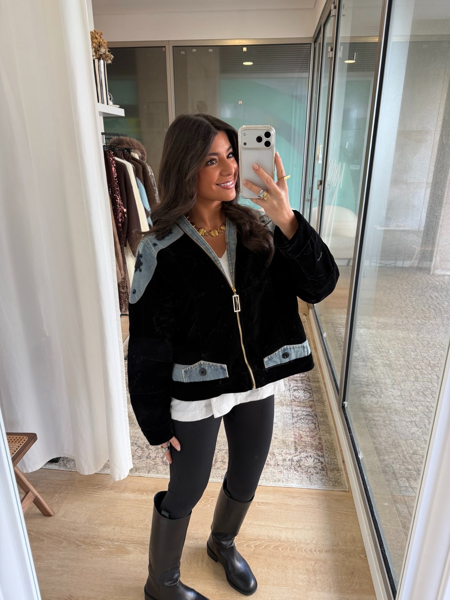 Black Velvet Jacket with Embroidered Denim Accents