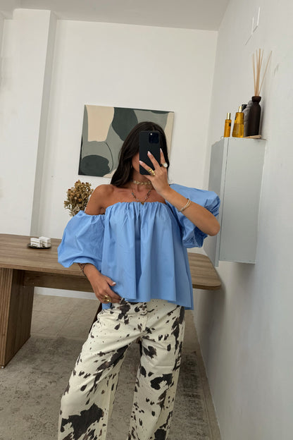 Blue Top with Balloon Sleeves