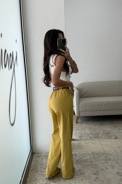 Mustard Jeans with Embroidered Details