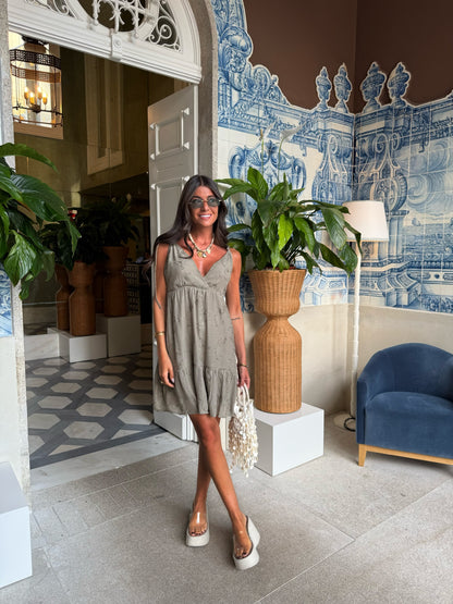Boho Khaki Embroidered Dress