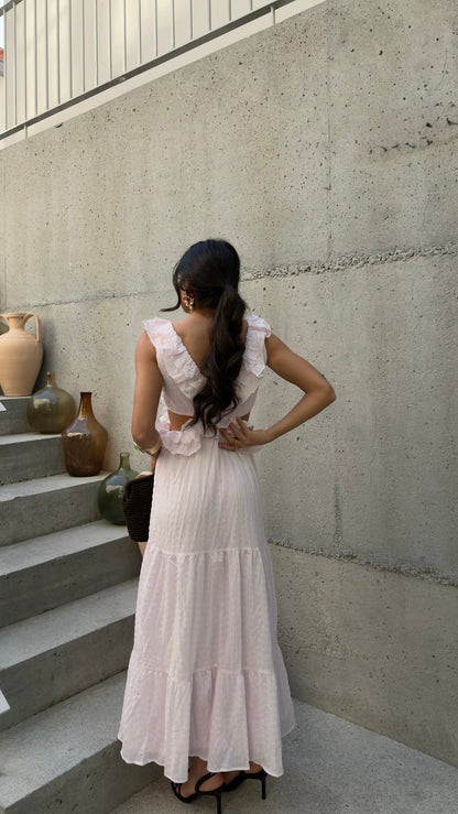 Baby Pink Ruffle Cut-Out Maxi Dress