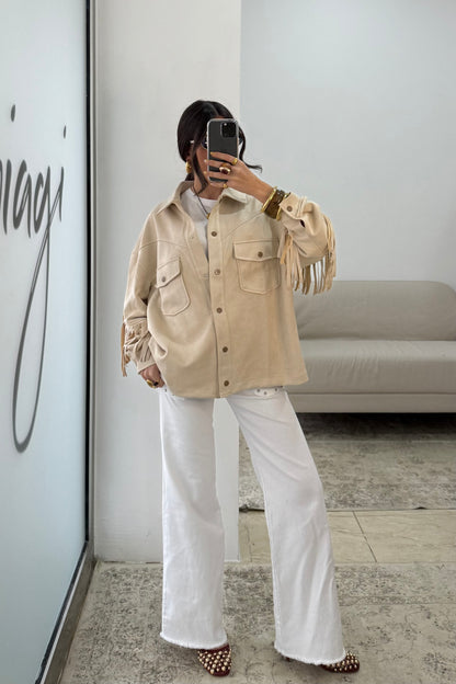 Fringed Suede-Effect Jacket in Off-White