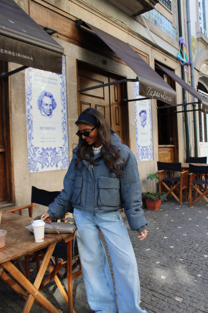 Textured Denim Effect Puffer Jacket