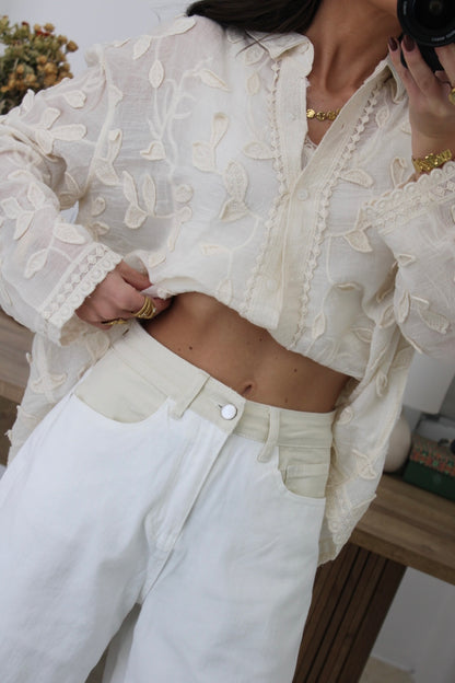 Wide Leg Jeans with Beige Waist