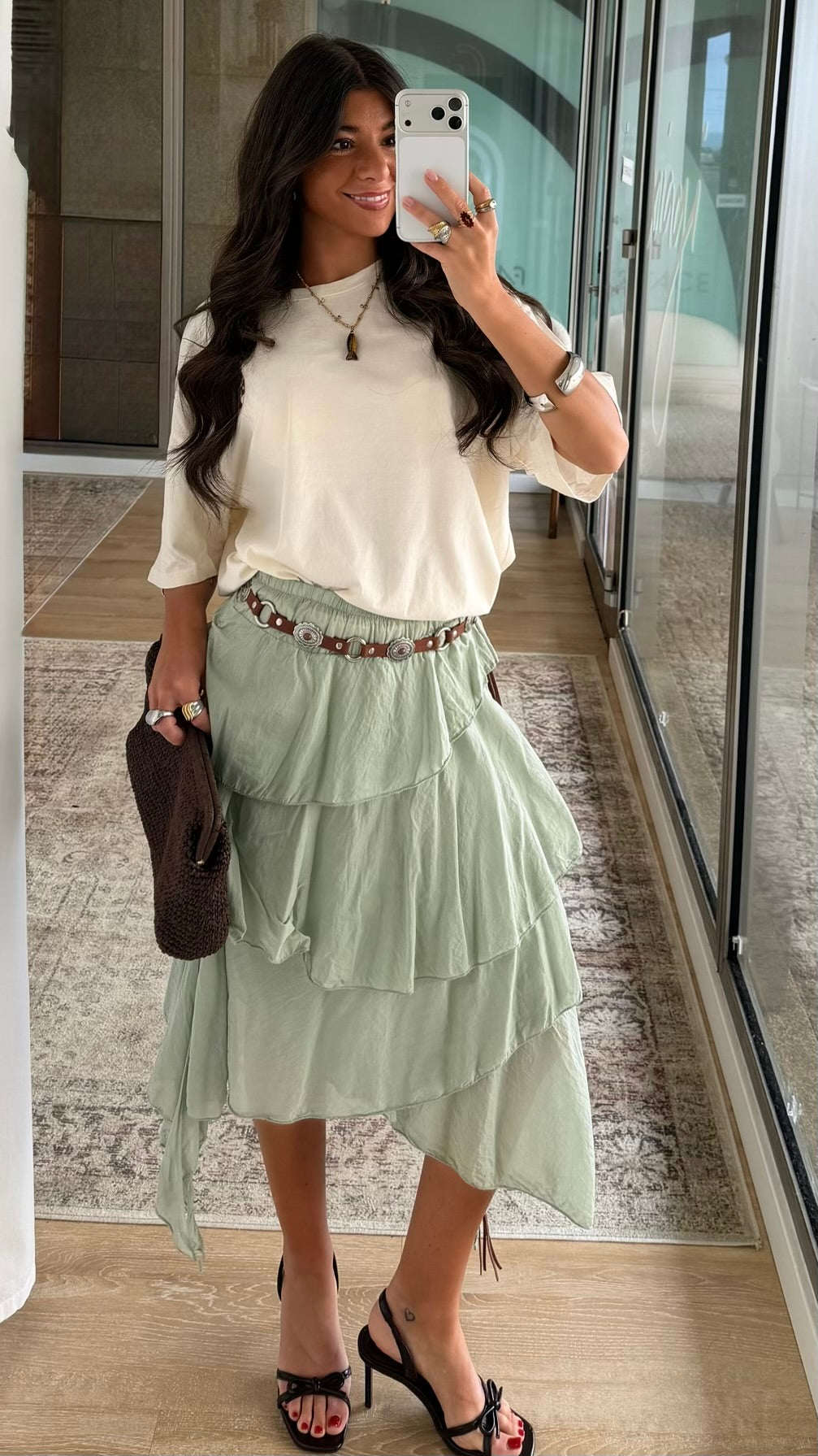 Sage Asymmetric Layered Skirt