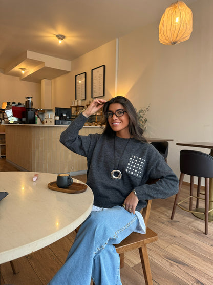 Dark Grey Stud-Detail Knit Sweater