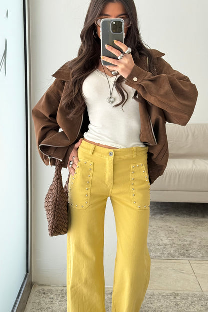 Yellow Jeans with Front Pockets and Studs