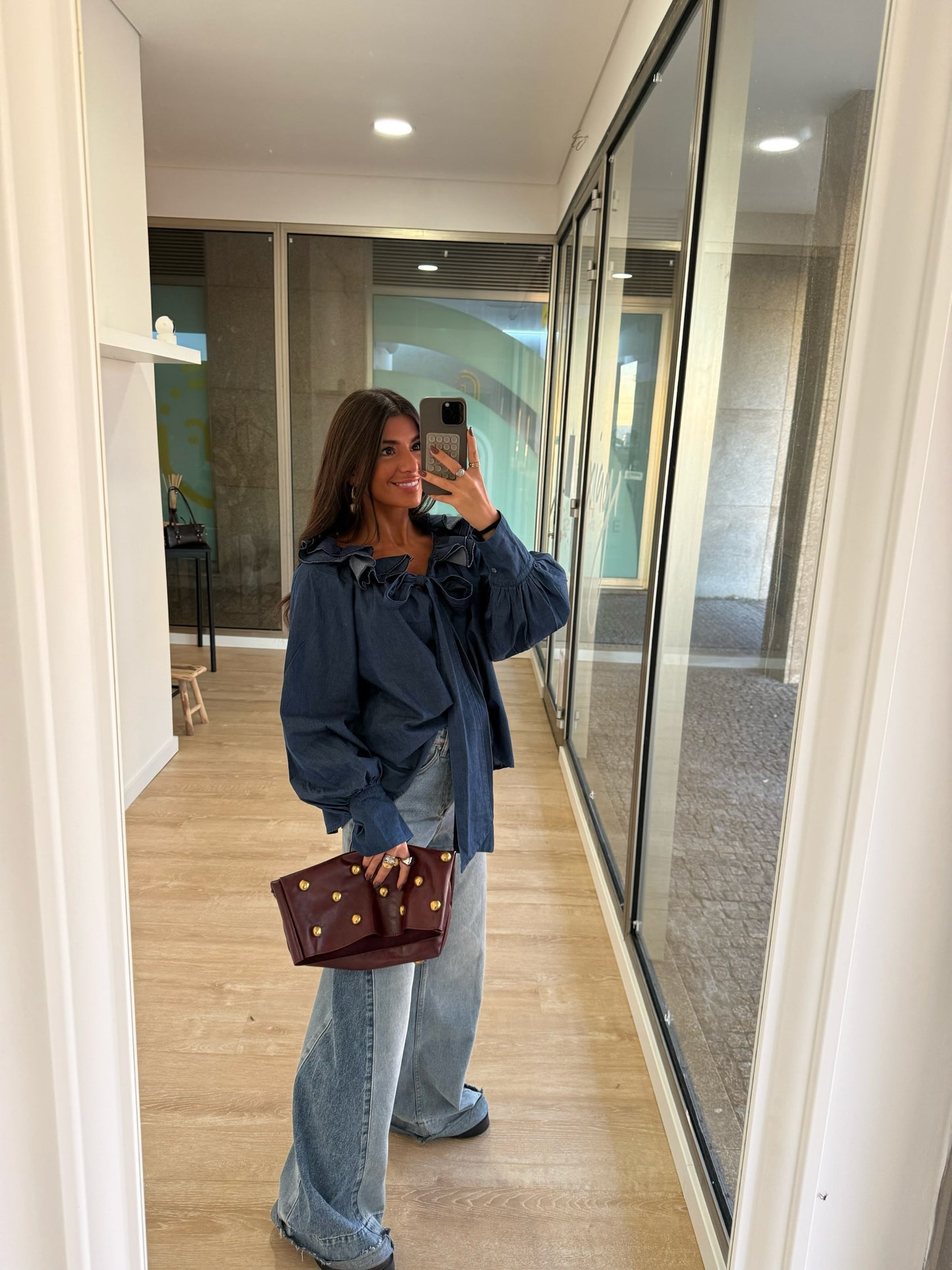 Soft Denim Ruffled Bow Blouse