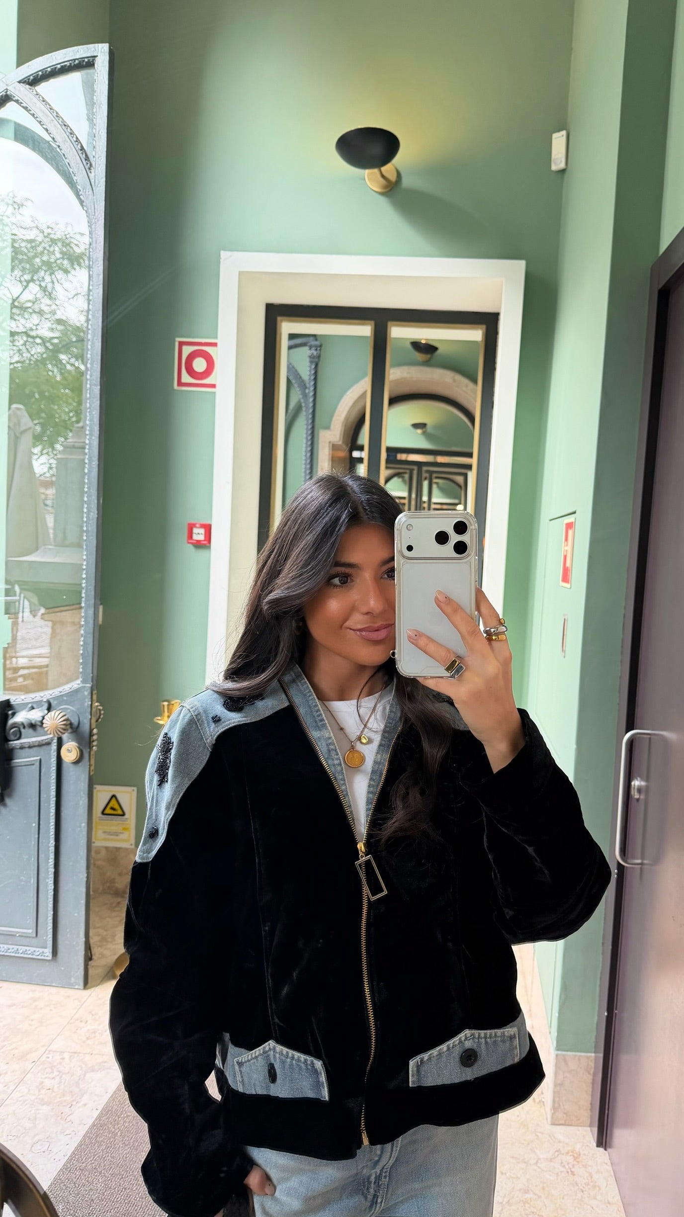 Black Velvet Jacket with Embroidered Denim Accents