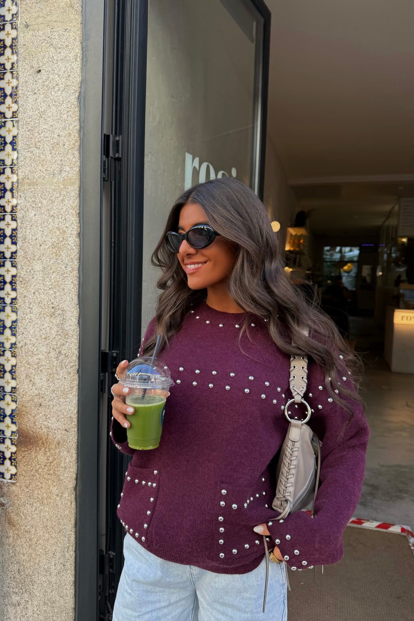 Wine Studded Knit Sweater