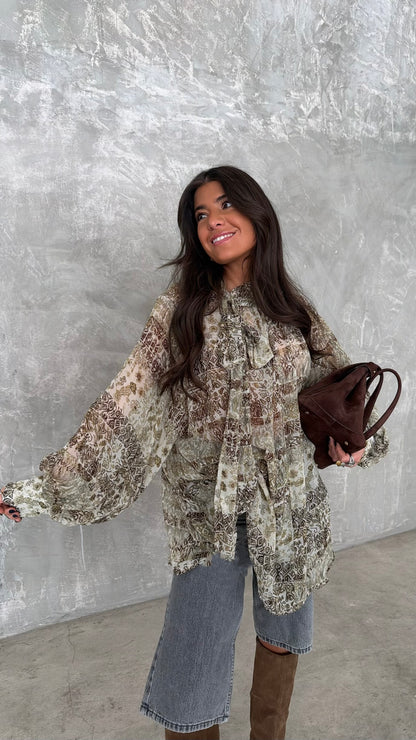 Printed Tie-Neck Blouse